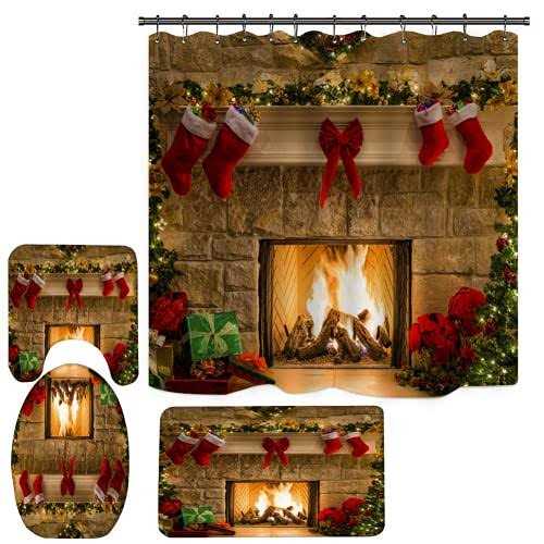 4PCS Christmas Fireplace Shower Curtain Sets, Christmas Tree Stocking Shower Curtain Sets with Rugs, Toilet Lid Cover and Bath Mat for Bathroom Set