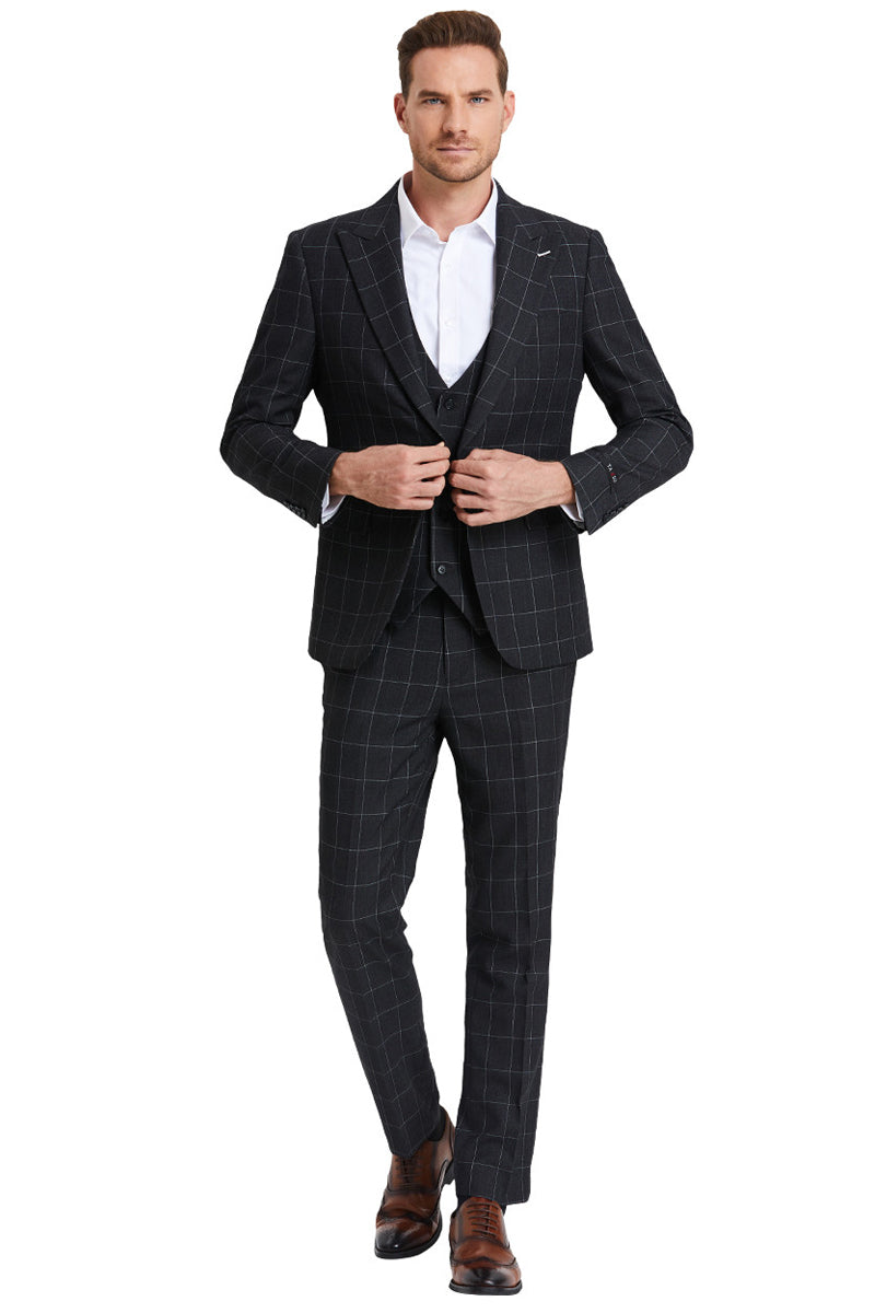 Men’s One Button Peak Lapel Vested Bold Chalk Windowpane Plaid Suit in Black