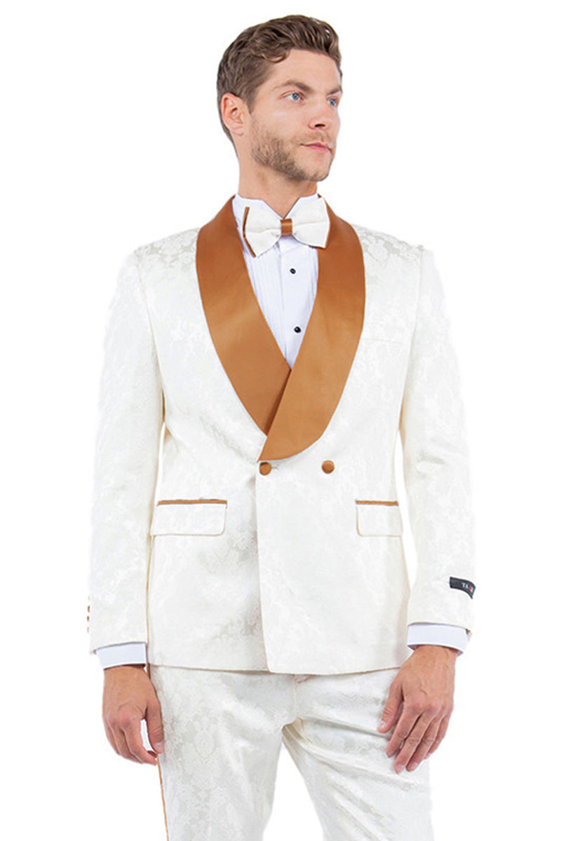 Men’s Slim Fit Double Breasted Paisley Smoking Jacket Prom & Wedding Tuxedo in Ivory & Golden Rust