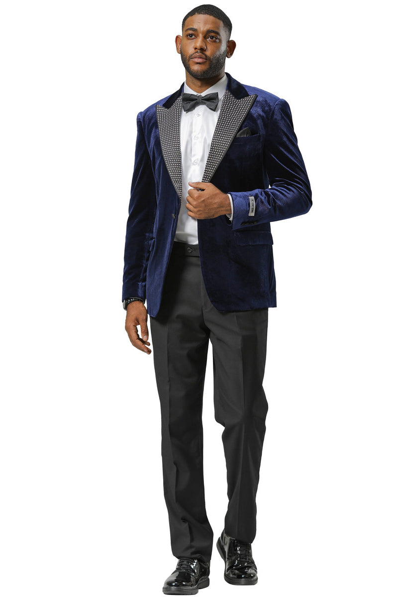 Men’s Stacy Adams Velvet Wedding & Prom Tuxedo Jacket With Rhinestone Adorned Lapel in Navy