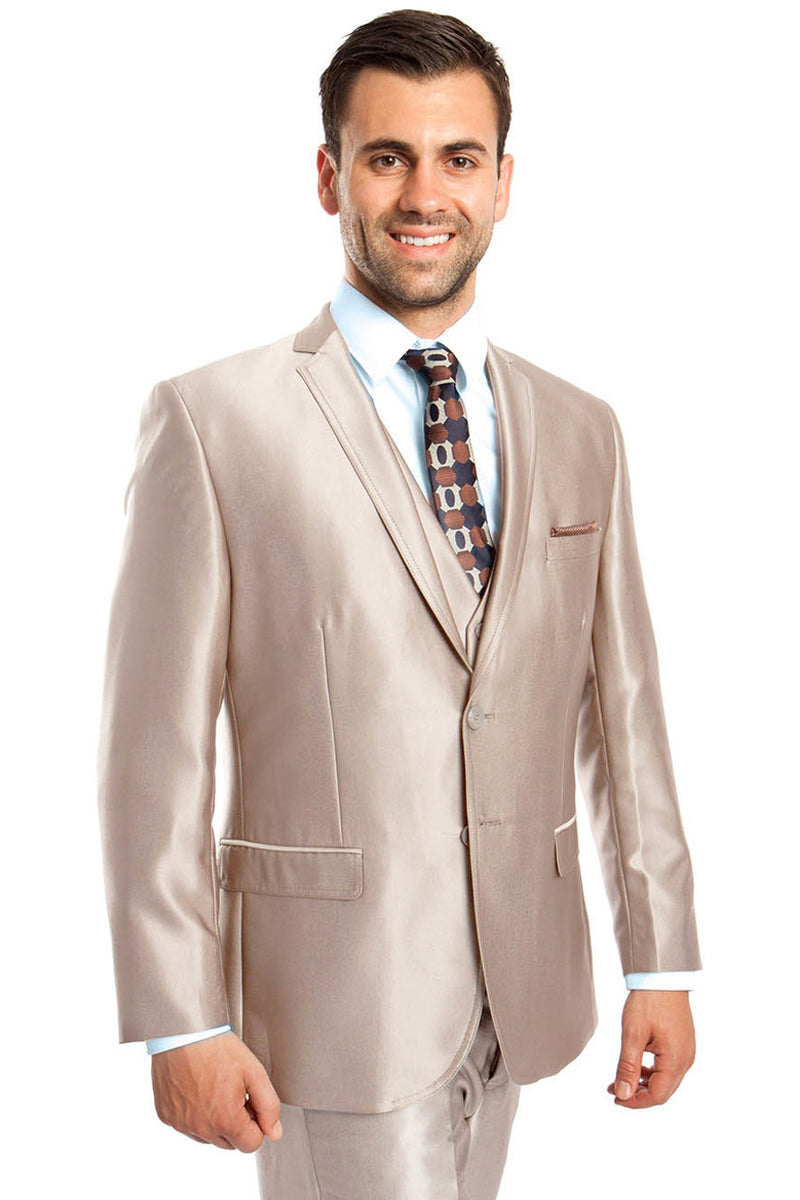 Men’s Two Button Vested Shiny Sharkskin Wedding & Prom Fashion Suit in Champagne Light Tan