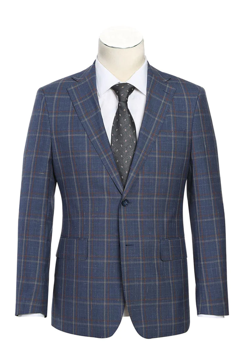 Mens Designer Two Button Slim Fit Notch Lapel Wool Suit in Steel Blue & Orange Windopane Plaid