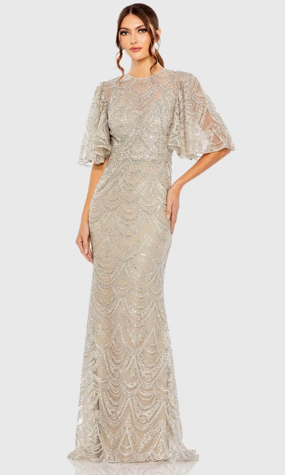 Flutter Sleeve Bead Embroidered Evening Gown
