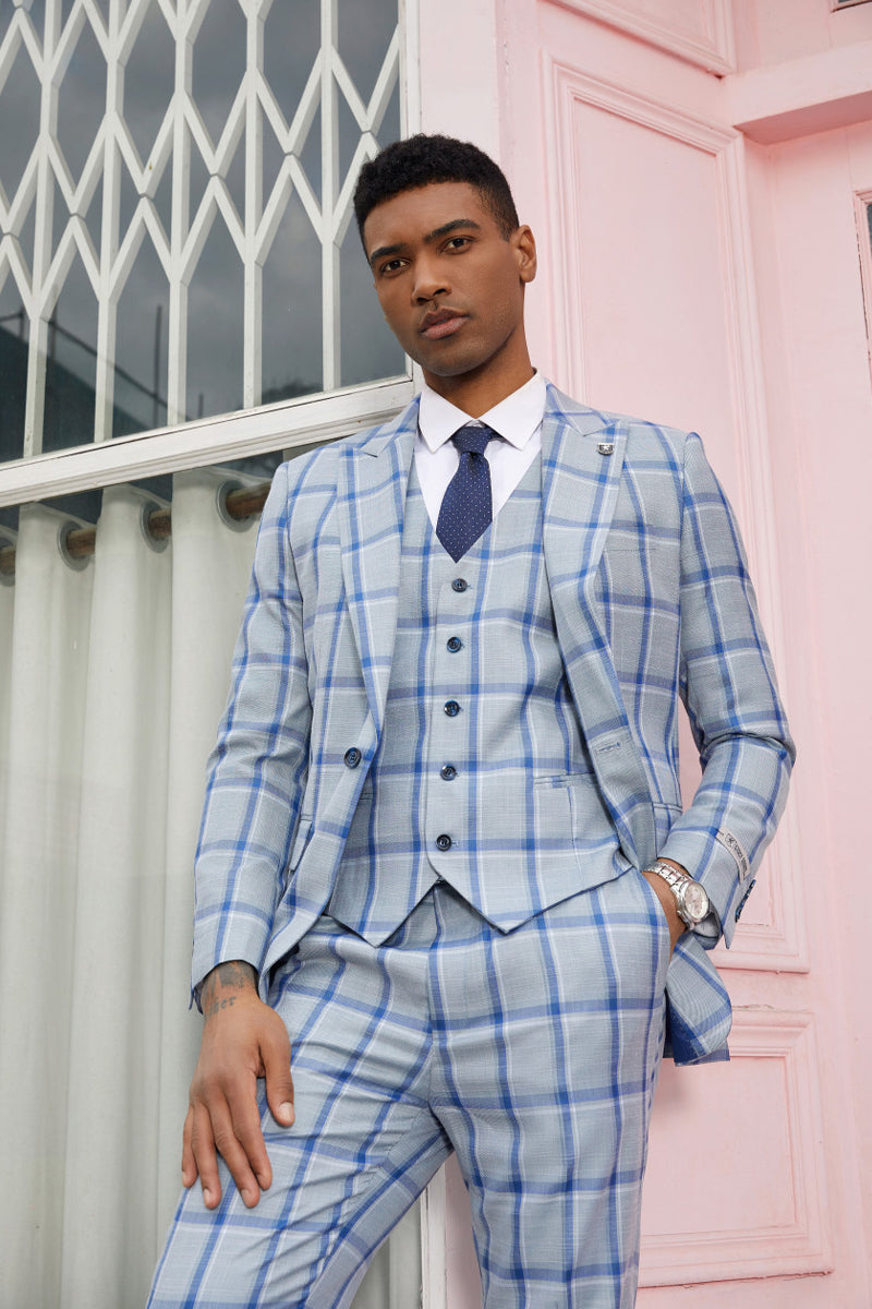 Men’s Vested Stacy Adam’s Peak Lapel Fancy Plaid Suit in Grey & Blue Windowpane Plaid