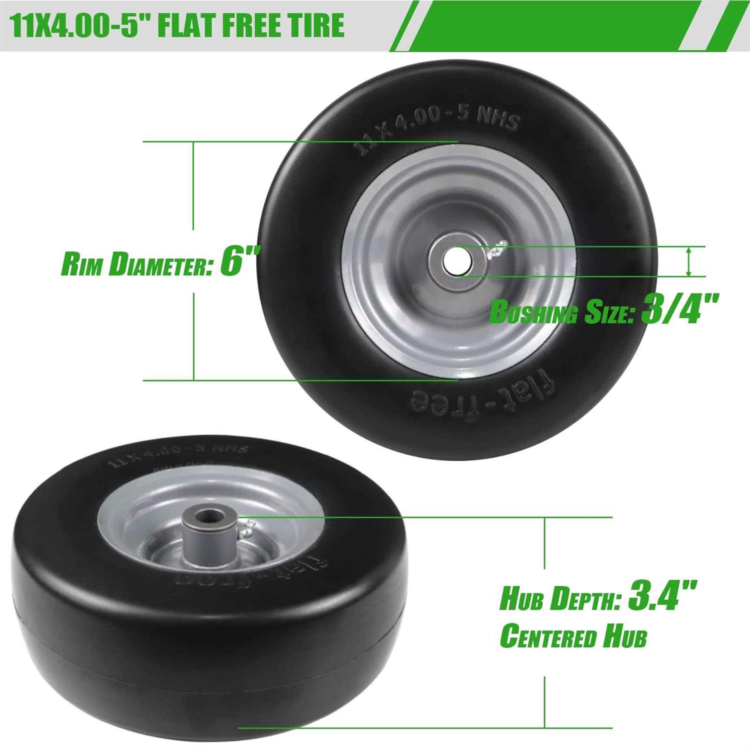 2 Pcs 11×4.00-5 Flat Free Lawn Mower Tire on Wheel, 3/4 or 5/8 Bushing