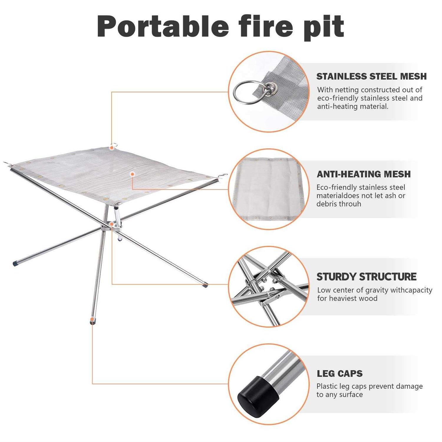 Portable Outdoor Fire Pit 22 Inch Upgrade Foldable Stainless Steel Mesh Fire Pit
