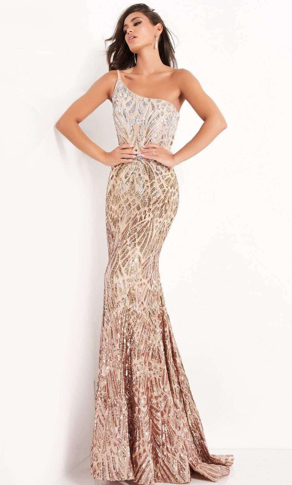 06469 Sequined Modest Prom Trumpet Dress