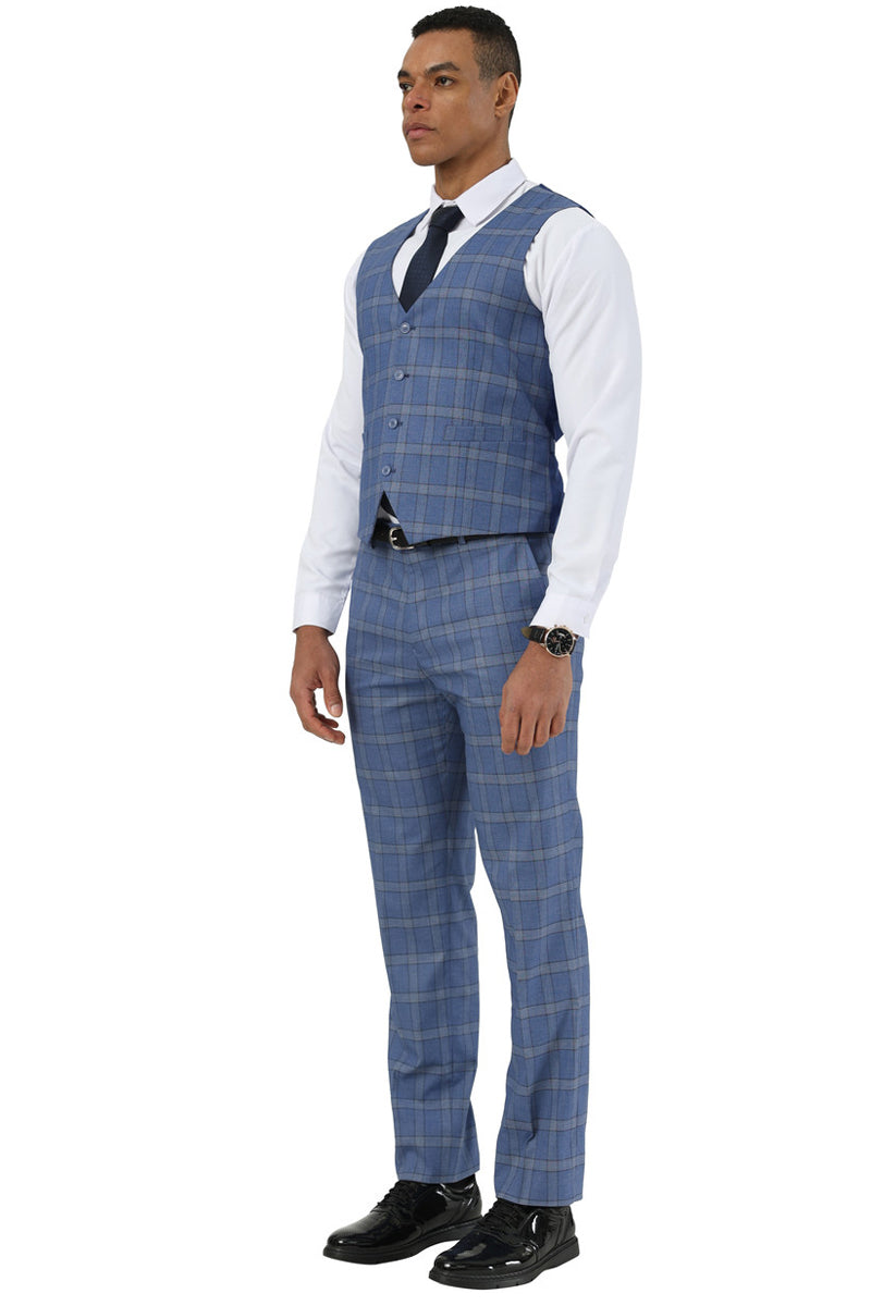 Men’s Designer Stacy Adams Vested Glen Plaid Suit in Blue