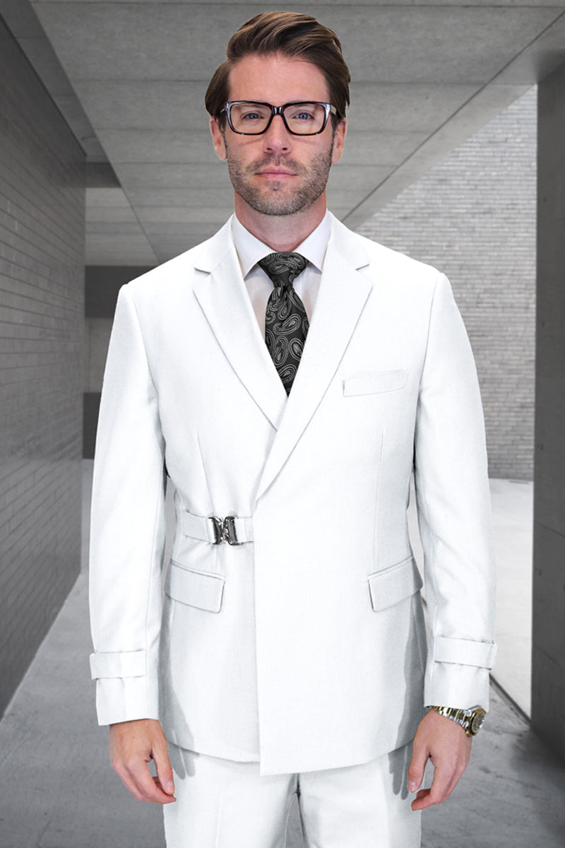 Men’s Designer Double Breasted Wool Suit with Buckle Closure in White