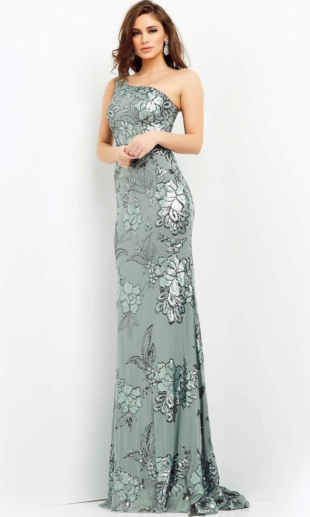 04331 Floral Sequin Embellished One Shoulder Fitted Gown