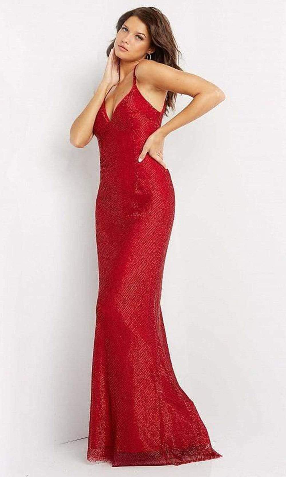 05057 V Neck Shiny Sheath Gown