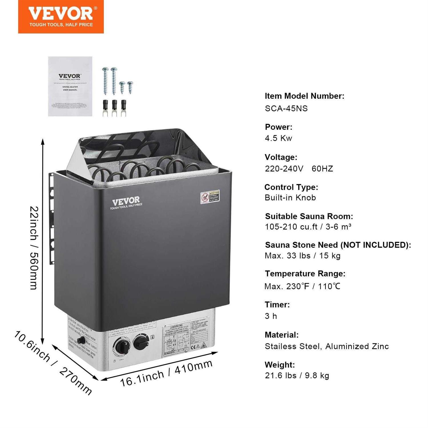 VEVOR Sauna Heater,220V Electric Sauna Stove, Steam Bath Sauna Heate 3h Timer and Adjustable Temp for Max. 176-318 Cubic Feet