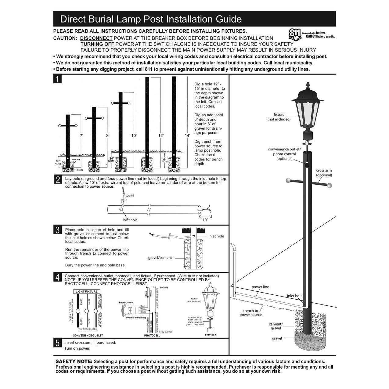 Black 96 High Outdoor Direct Burial Lamp Post with Outlet 93R48