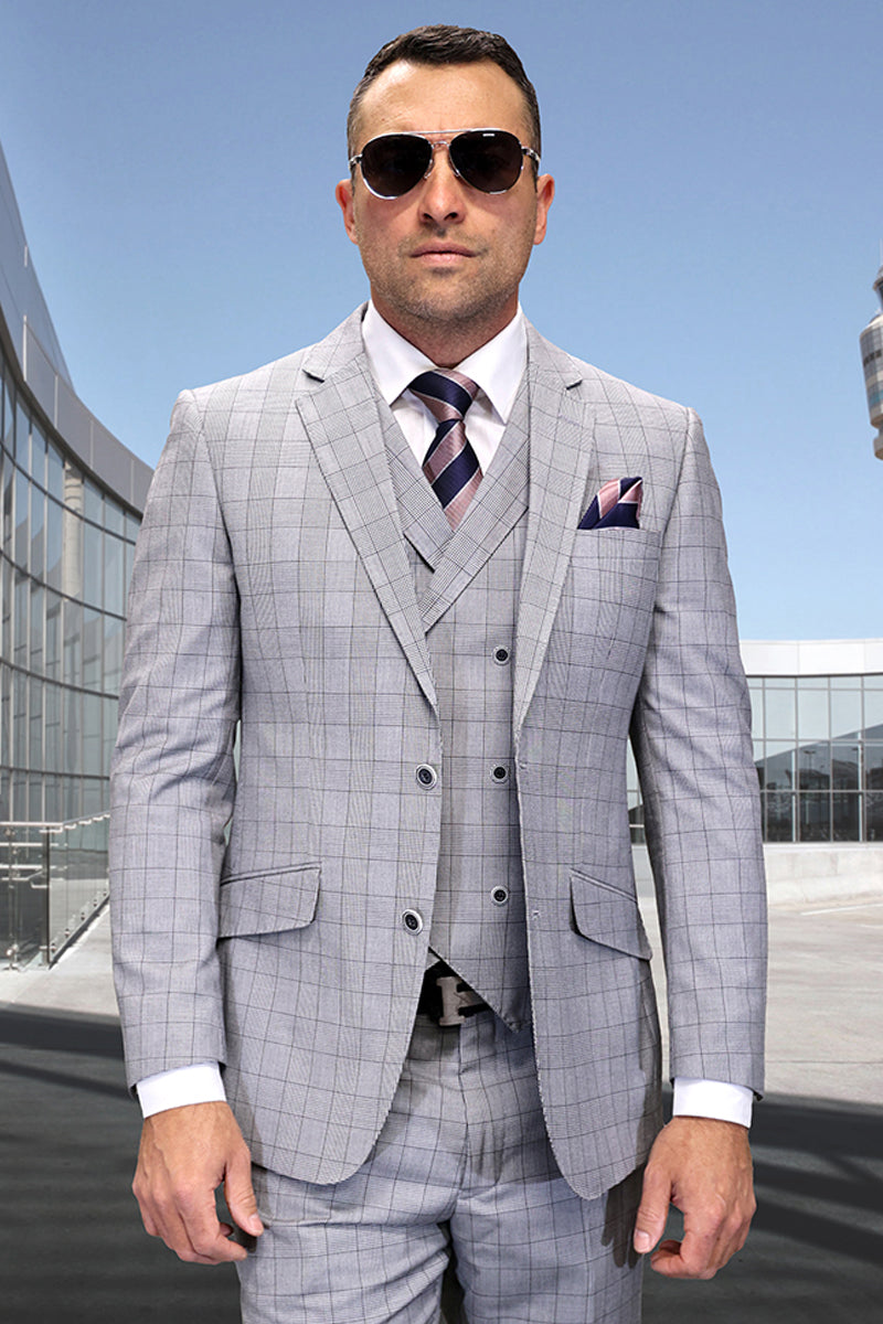 Men’s Designer Wool Vested Modern Fit Windowpane Plaid Suit in Black