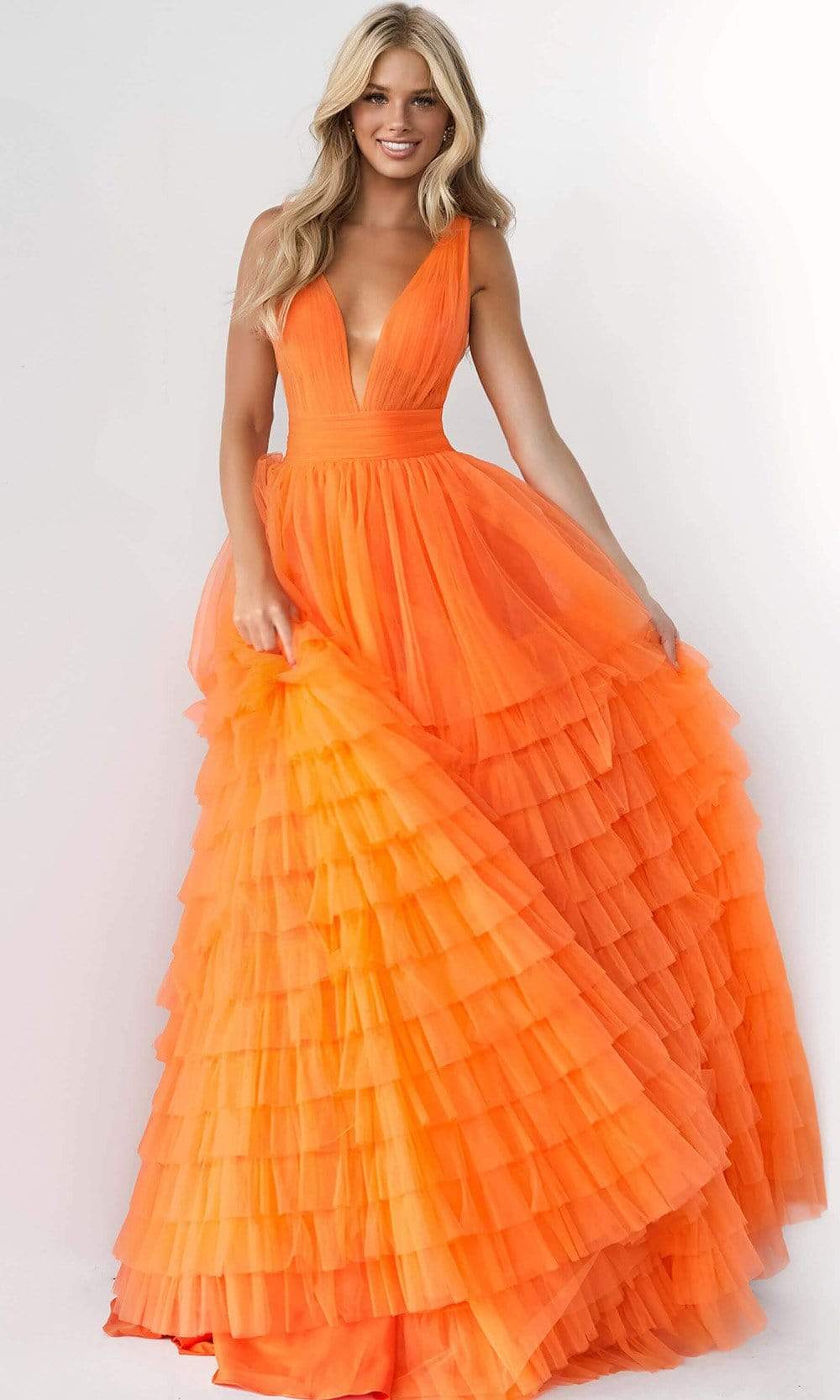 07264 Shirr-Ornate Plus Size Prom Tulle Gown