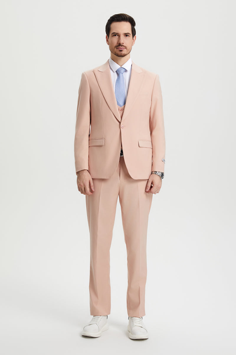 Men’s Vested One Button Peak Lapel Stacy Adams Designer Suit in Blush Pink