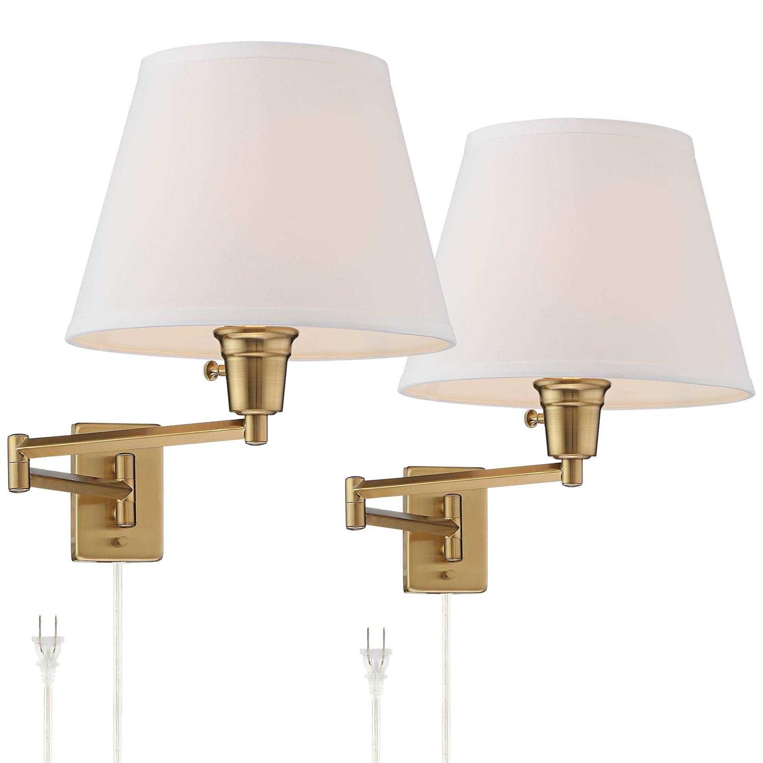 360 Lighting Clement Modern Swing Arm Wall Lamps Set of 2 Warm Gold Plug-in Light Fixture White Linen Shade for Bedroom Bedside Living Room Reading