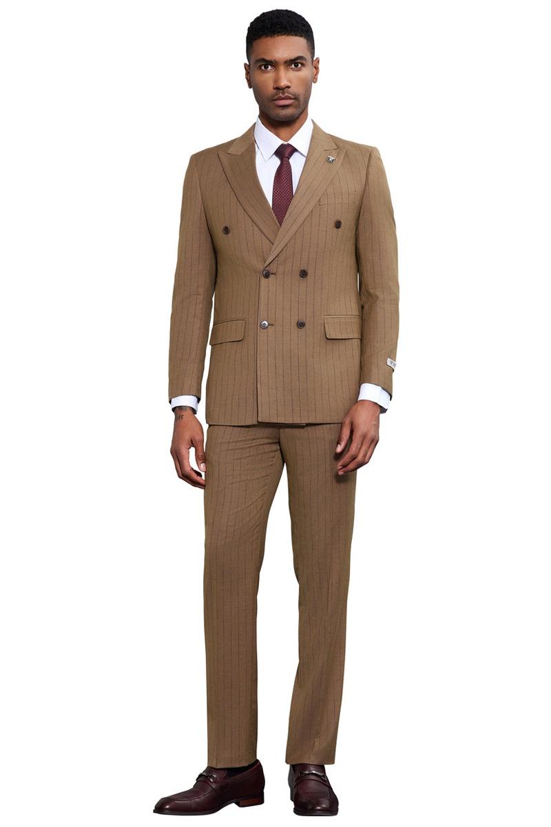 Men’s Stacy Adams Double Breasted Pinstripe Suit in Camel
