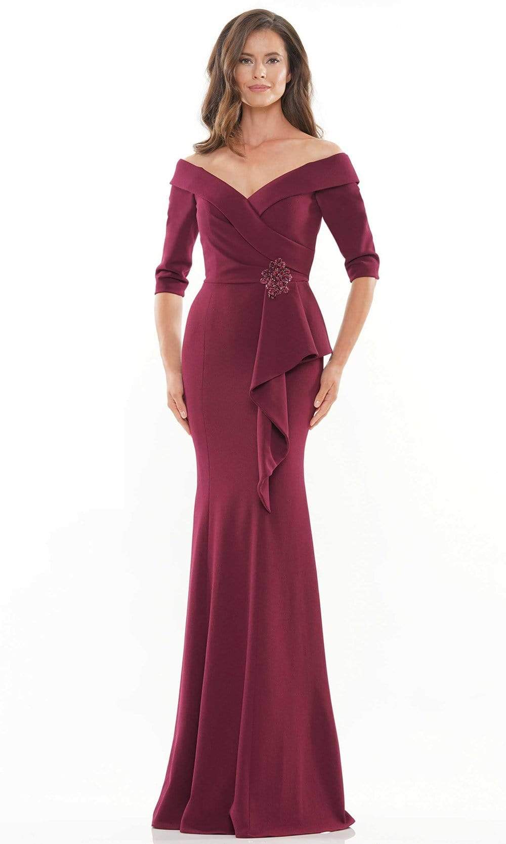RD2733 Quarter Sleeve Brooch Drape Gown