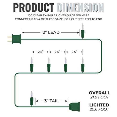 612 Vermont 100 Clear Christmas Twinkle Lights on Green Wire, Indoor and Outdoor Use