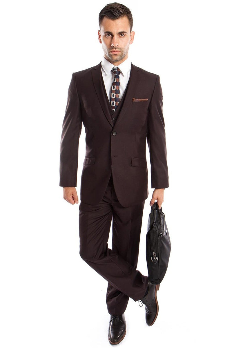 Men’s Two Button Slim Fit Basic Vested Wedding Suit in Brown