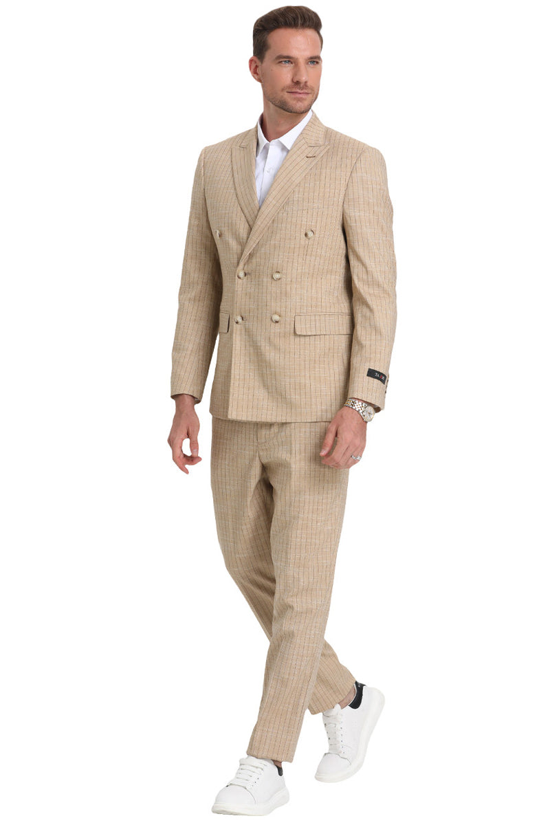 Men’s Slim Fit Double Breasted Summer Suit in Khaki Pinstripe