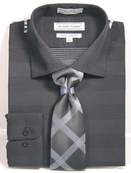 Men’s Spread Collar Mini Dot Dress Shirt & Tie Set in Black