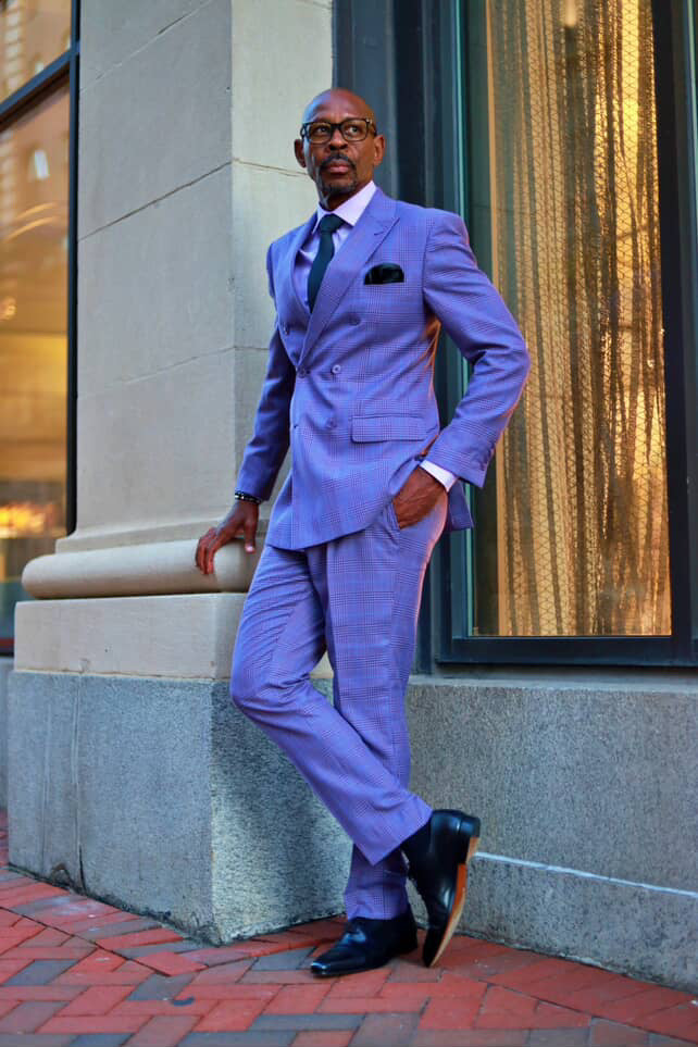 Men’s Double Breasted Windowpane Plaid Suit in Light Purple