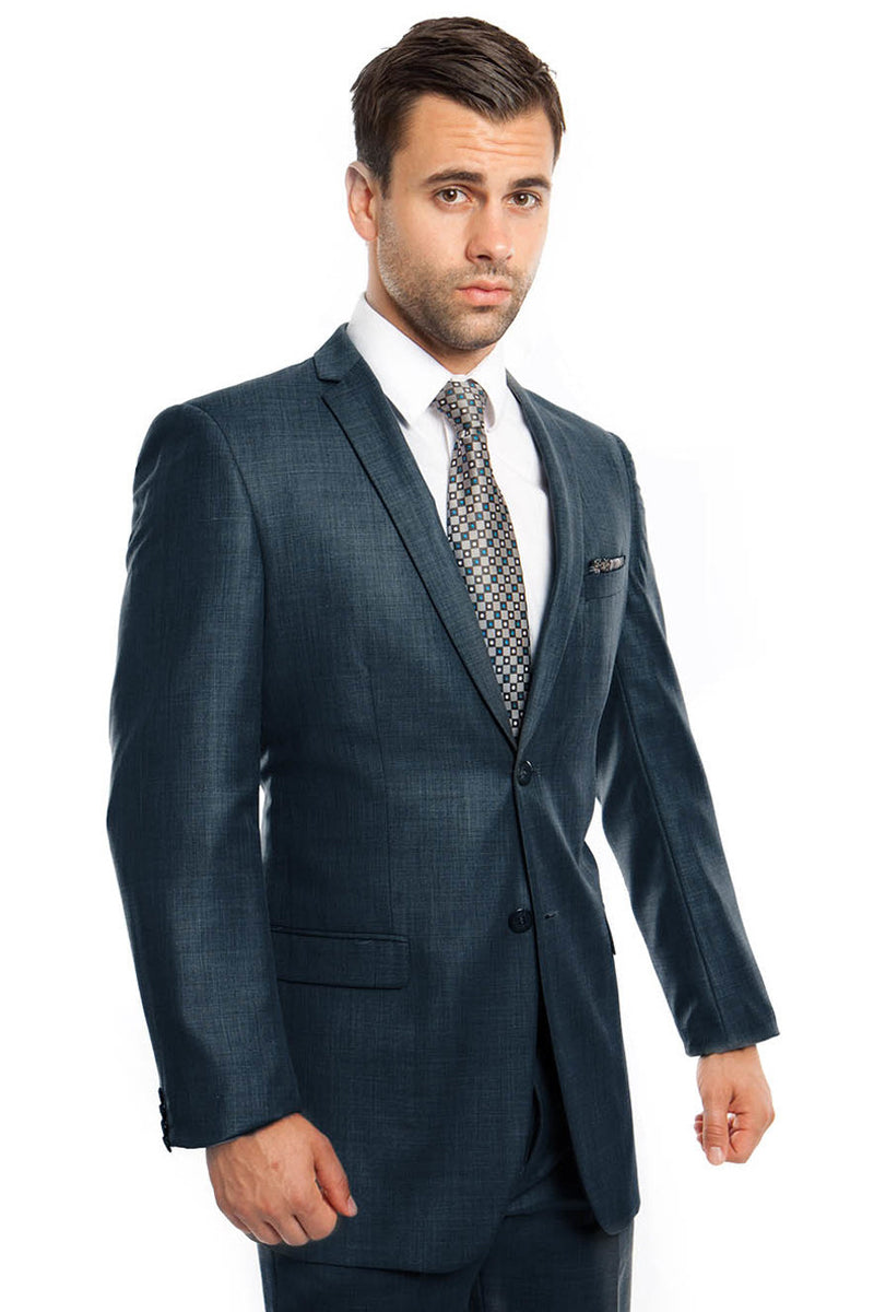 Men’s Slim Fit Textured Shiny Sharkskin Suit in Navy Blue