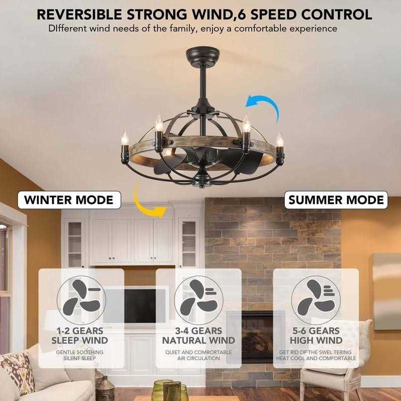 27-inch Grey Brown Ceiling Fan with Light Remote Control 6-Light Wagon Wheel Modern Farmhouse Chandelier Caged Ceiling Fan