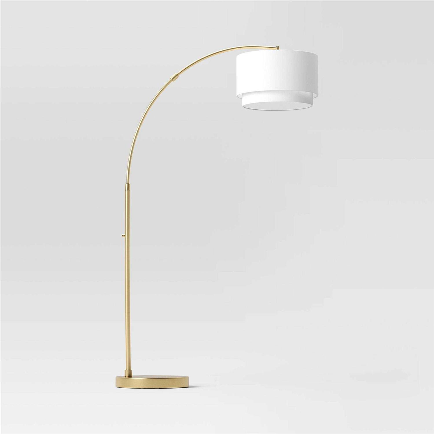 Threshold Knurled Metal Arc Floor Lamp with Tiered Shade Brass