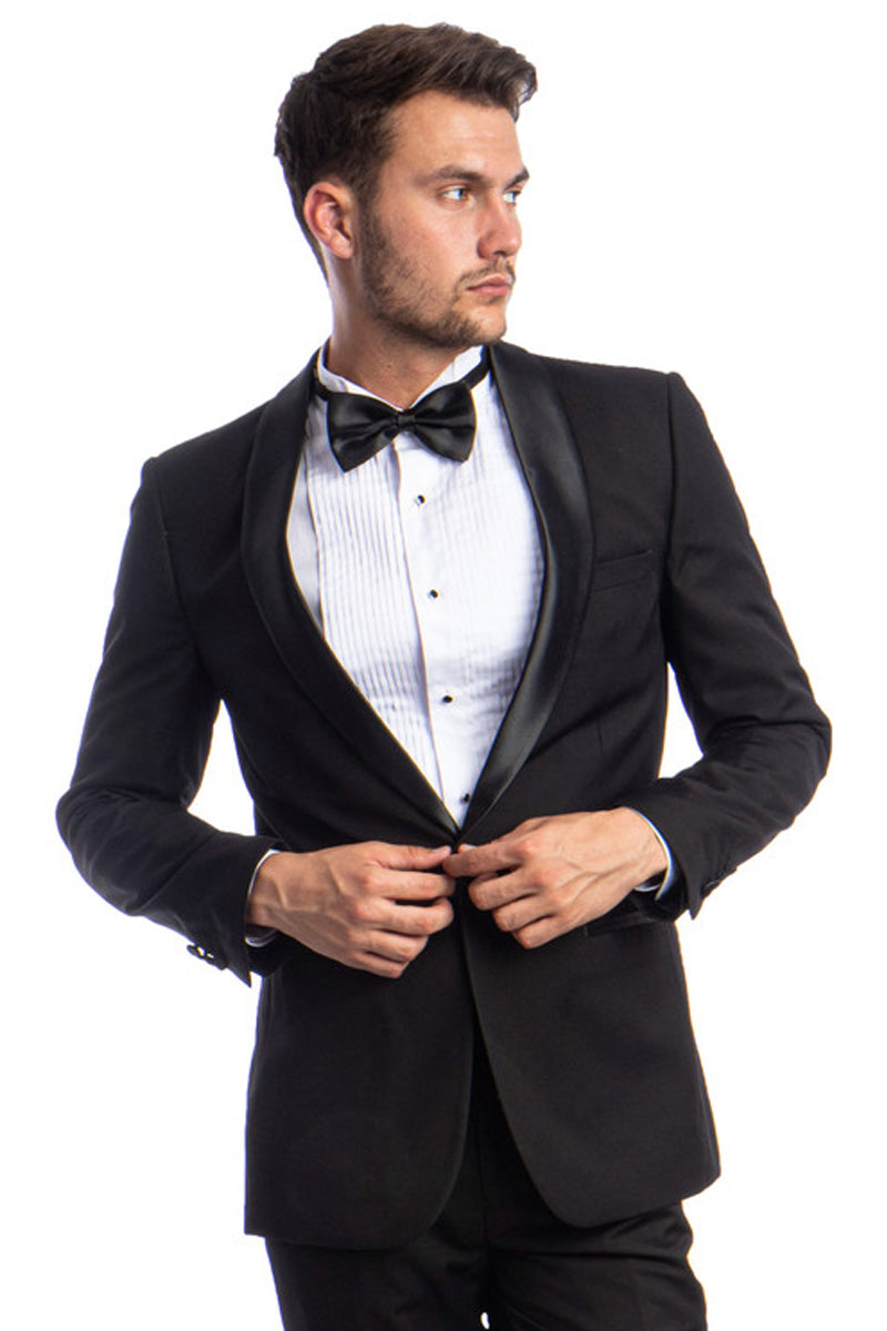 Men’s Skinny Fit One Button Shawl Prom Tuxedo in Black