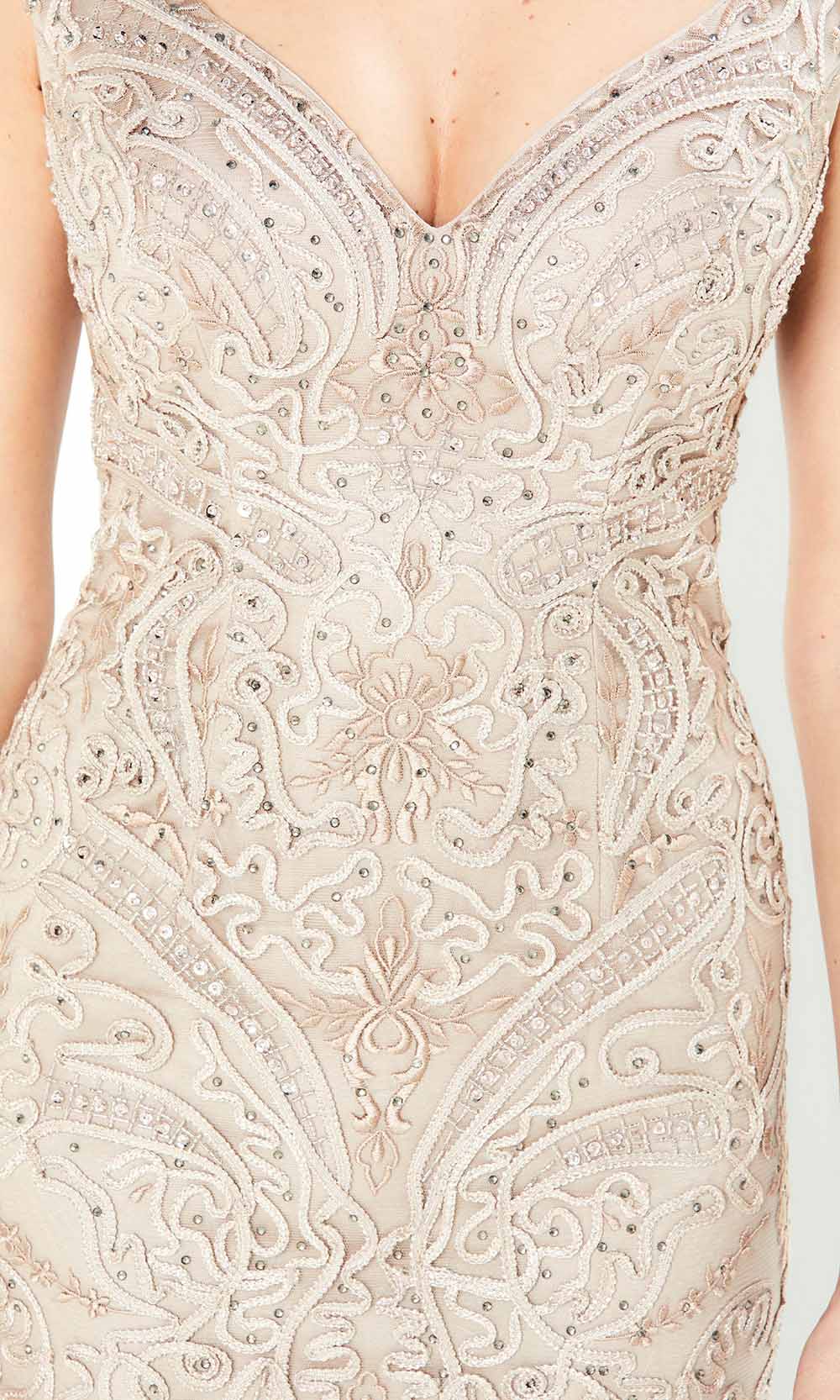 220934 Beaded Soutache Cap Sleeved Sheath Gown