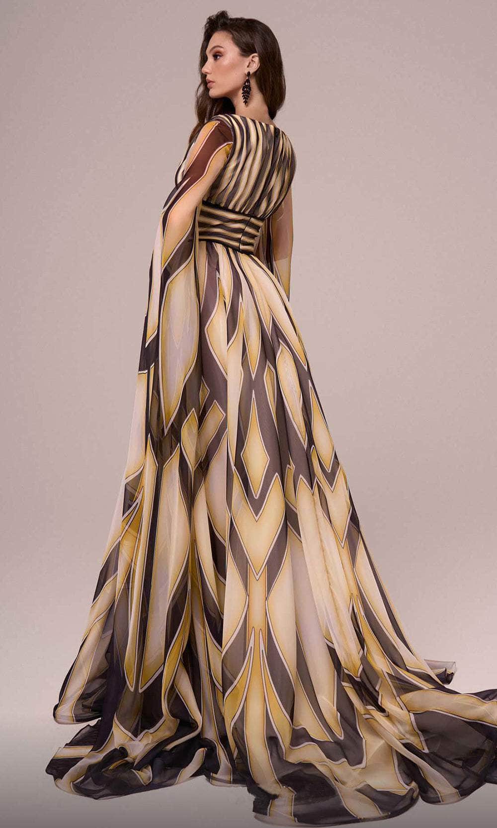 Printed Long Cape Sleeve Evening Gown