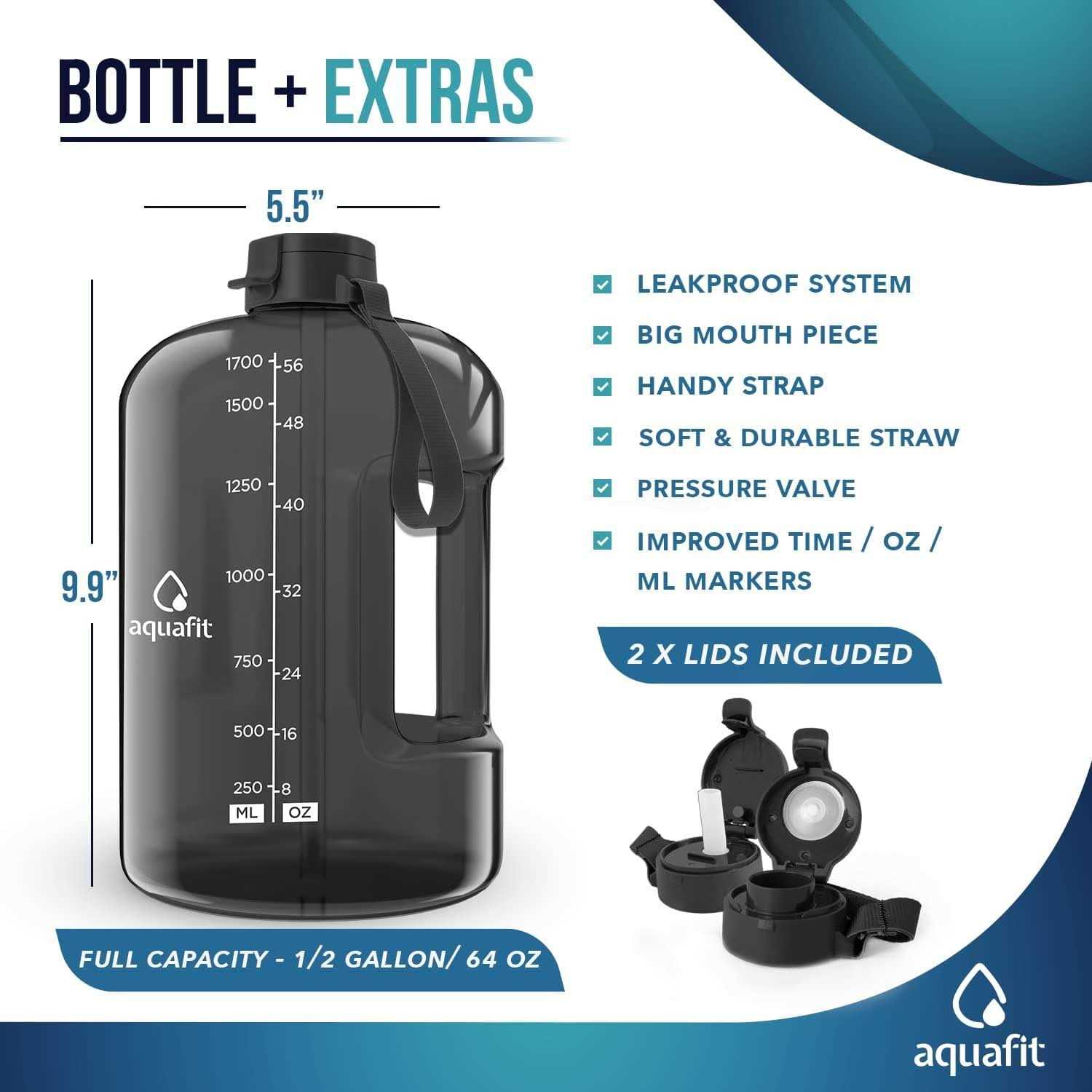 AQUAFIT Half Gallon Water Bottle With Time Marker 64 oz Water Bottle With Straw