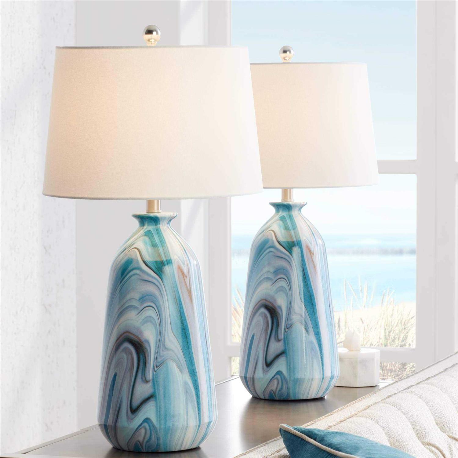 360 Lighting Carlton Modern Table Lamps 28 Tall Set of 2 Swirling Blue Marble Bedroom Living Room House