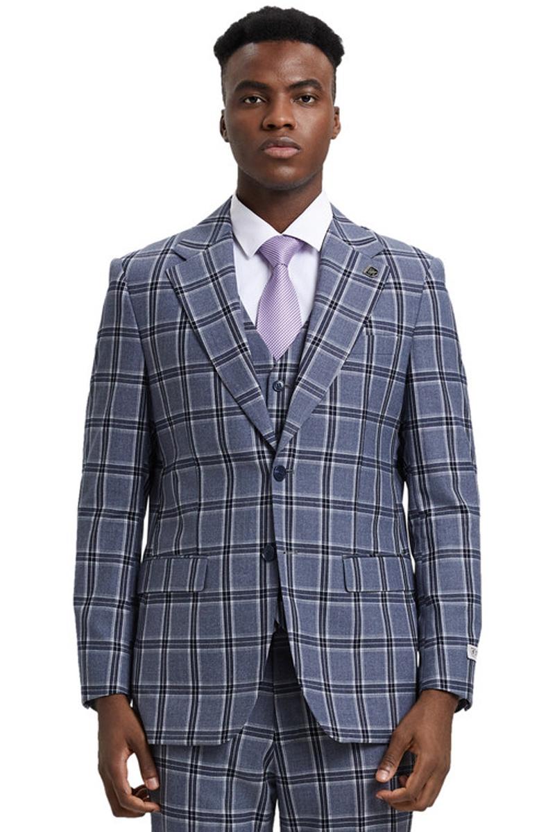 Men’s Stacy Adams Two Button Vested Glen Plaid Check Suit in Grey