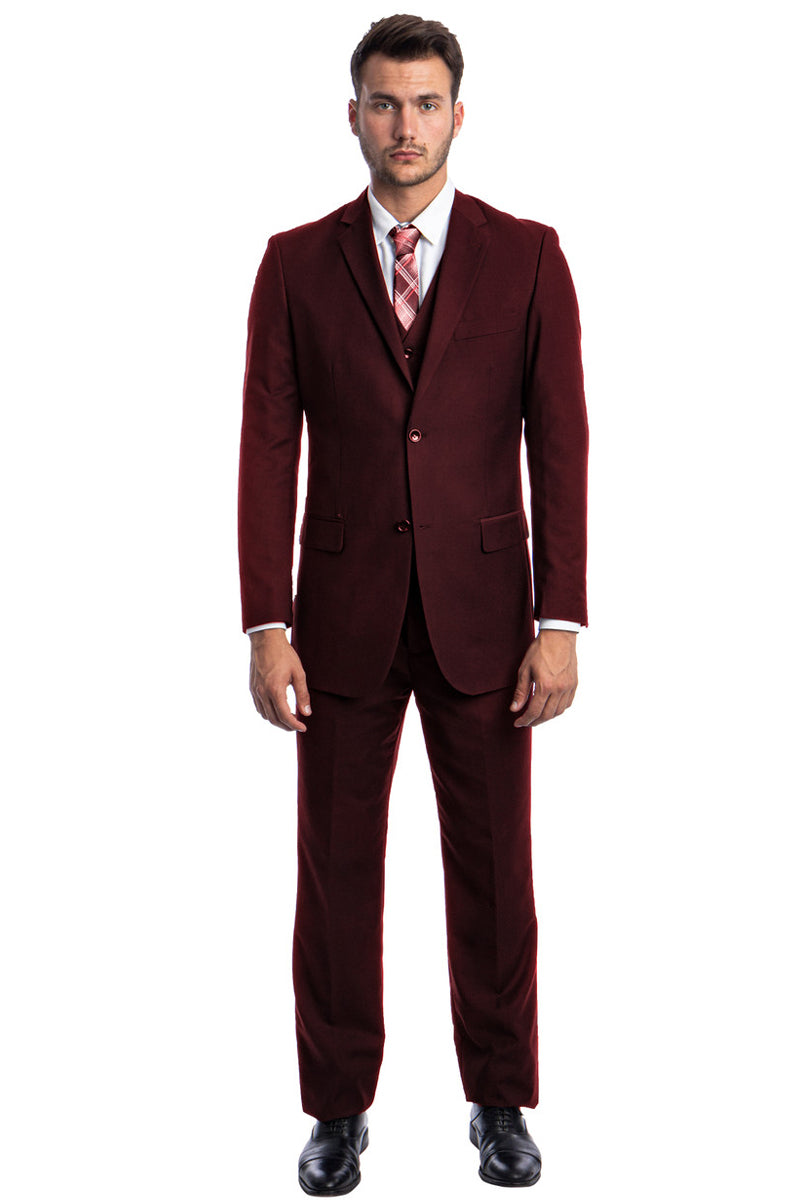 Men’s Vested Two Button Solid Color Wedding & Business Suit in Burgundy