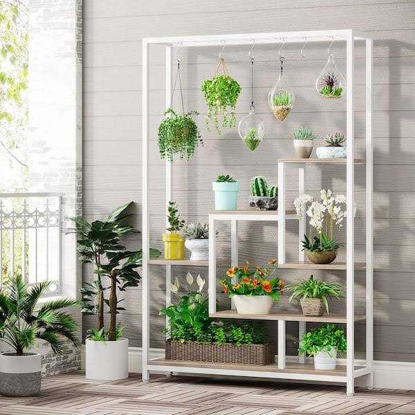 BYBLIGHT Wellston 70.86 in. White & Beige 5-Tier Wooden Indoor Plant Stand