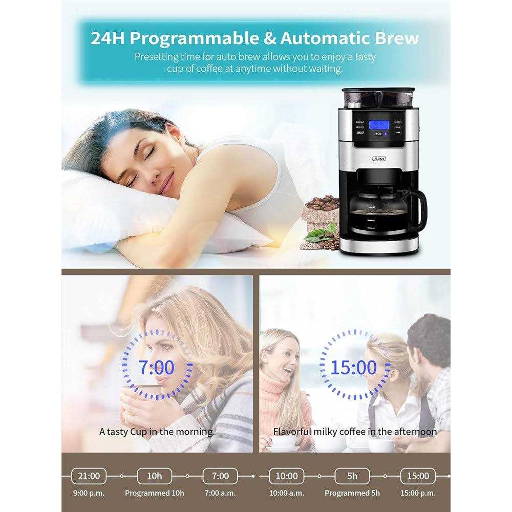 10-Cup Drip Coffee Maker, Grind and Brew Automatic Coffee Machine with Built-In Burr Coffee Grinder, Programmable Timer Mode and Keep Warm Plate