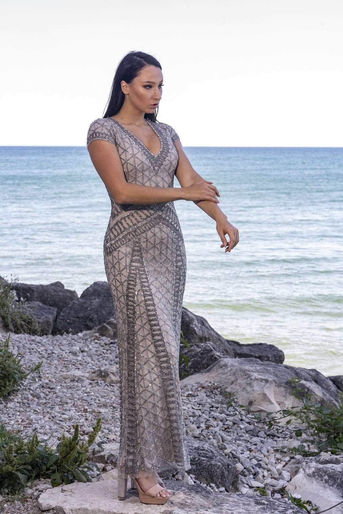 29746 Embellished Plunging V-neck Fitted Dress