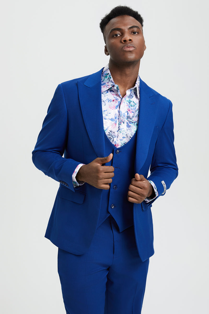 Men’s Vested One Button Peak Lapel Stacy Adams Suit in Indigo Blue