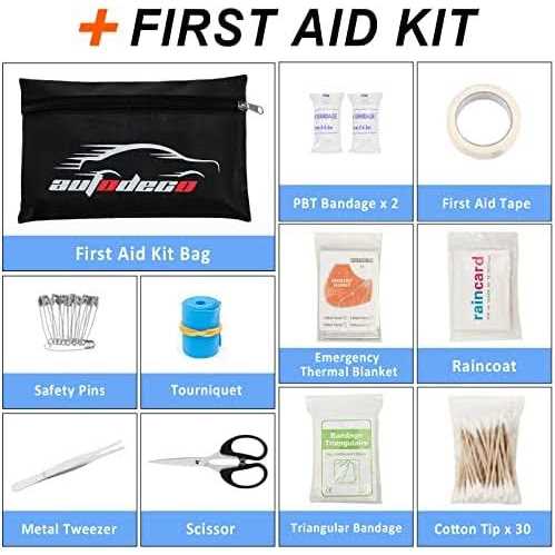 Autodeco 98 Pcs Roadside Car Emergency Assistance Kit with Portable Air Compressor Jumper Cables Safety Hammer All in One Pliers Tool Set