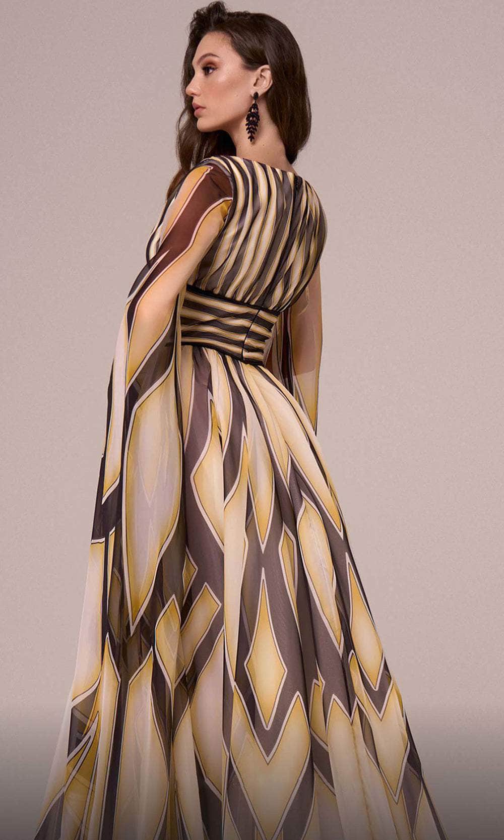 Printed Long Cape Sleeve Evening Gown