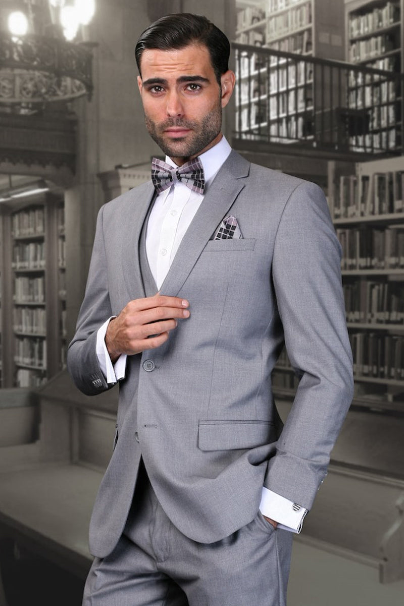 Men’s Designer Slim Fit Vested Wool Wedding Suit in Grey