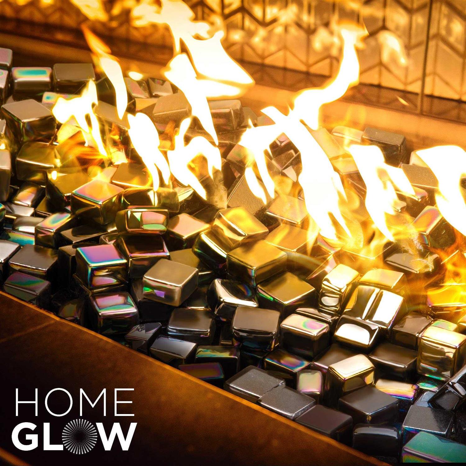 HOMEGLOW Fire Glass Cubes Reflective Luster. Premium Tempered Square Glass Beads for Outdoor Fire Pit, Fire Table or Indoor