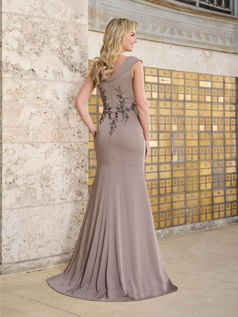 Fold Over V-Neck Beaded Evening Gown
