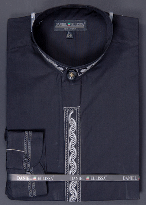Men’s Regular Fit Banded Collar Dress Shirt in Black with Grey Wave Embroidery