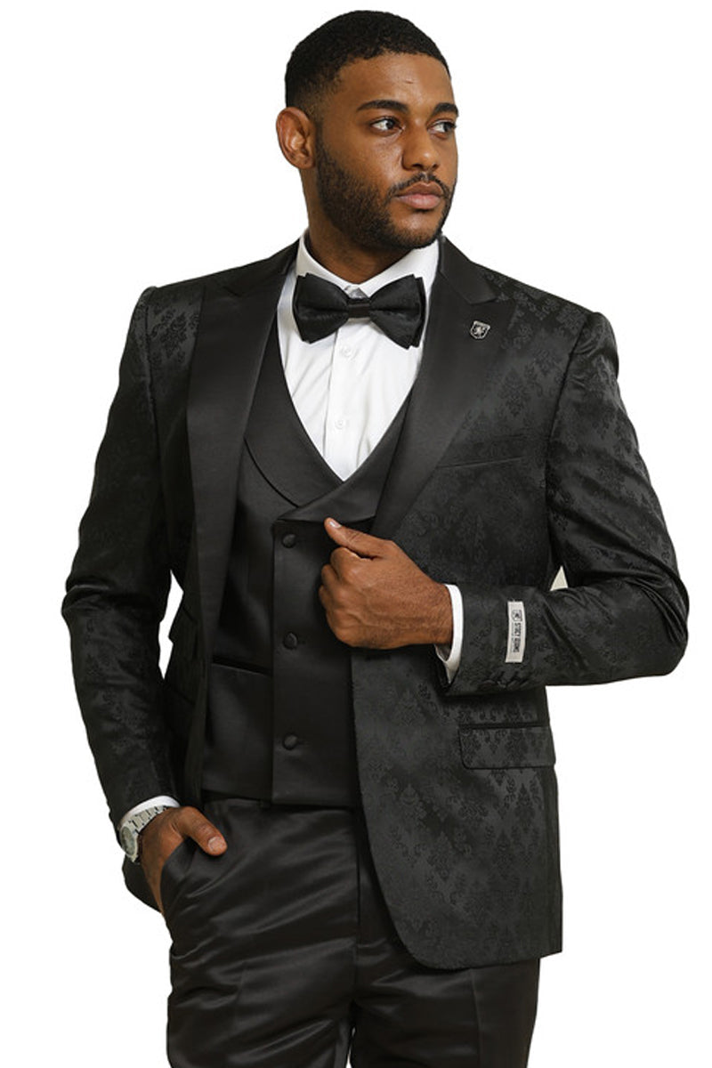Men’s Stacy Adams Shiny Brocade Wedding & Prom Tuxedo with Double Breasted Vest in Black