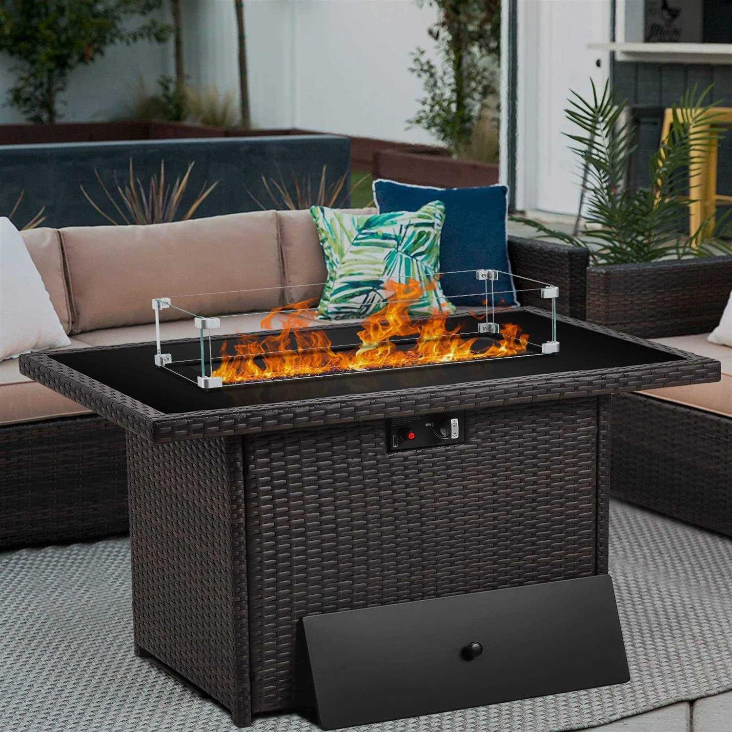 Vakollia Propane Fire Pit Table,44 Inch 55000 BTU Outdoor Gas Fire Pit Rectangular with Glass Wind Guard for Outside Patio Deck